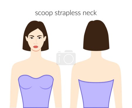 Illustration for Scoop strapless neckline clothes character beautiful lady in lavanda top, shirt, dress technical fashion illustration fitted body. Flat apparel template front, back sides. Women, men unisex CAD mockup - Royalty Free Image