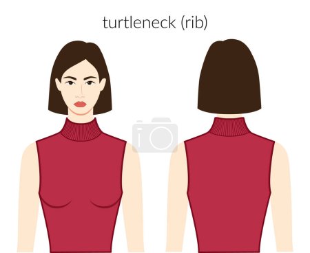 Illustration for Rib neckline turtleneck clothes knits, sweaters character in burgundy top, shirt, dress technical fashion illustration fitted body. Flat apparel template front, back sides. Women men unisex CAD mockup - Royalty Free Image