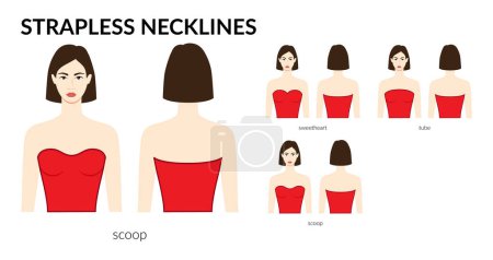 Illustration for Set of necklines strapless clothes - sweetheart, scoop, tube top, dress, shirt technical fashion illustration with fitted body. Flat apparel template front sides. Women, men unisex CAD mockup - Royalty Free Image