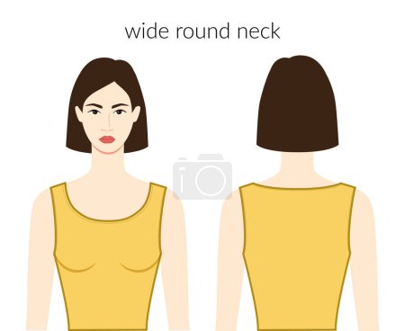Wide round neckline clothes character beautiful lady in yellow top, shirt, dress technical fashion illustration with fitted body. Flat apparel template front, back sides. Women, men unisex CAD mockup