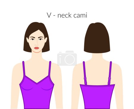 Illustration for V - neckline camisole tank clothes character beautiful lady in purple top, shirt, dress technical fashion illustration with fitted body. Flat apparel template front, back sides. Women, men unisex CAD - Royalty Free Image