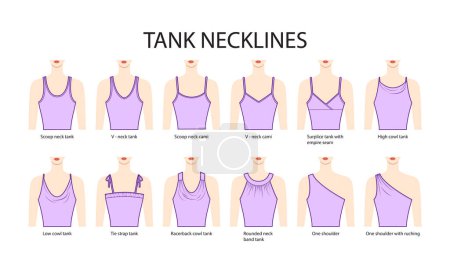 Illustration for Set of necklines tank clothes - tops, cami, one shoulder, scoop, racerback, V-neck, cowl, strap technical fashion illustration with fitted body. Flat apparel template. Women, men unisex CAD mockup - Royalty Free Image