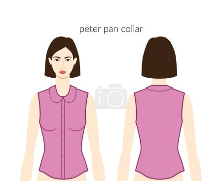 Illustration for Peter Pan collar neckline plackets clothes character beautiful lady in pink top, shirt, dress technical fashion illustration with fitted body. Flat apparel template. Women, men unisex CAD mockup - Royalty Free Image