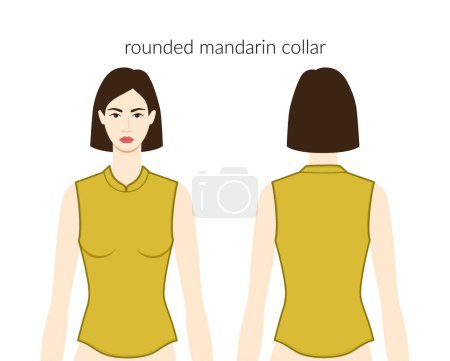 Illustration for Rounded mandarin neckline collars clothes character beautiful lady in ochre top, shirt, dress technical fashion illustration with fitted body. Flat apparel template front, back sides. Women men unisex - Royalty Free Image