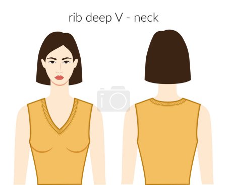 Illustration for Rib deep V - neckline clothes knits, sweaters character beautiful lady in ochre technical fashion illustration with fitted body. Flat apparel template front, back sides. Women, men unisex CAD mockup - Royalty Free Image