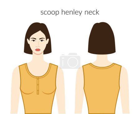 Illustration for Scoop henley neckline clothes knits, sweaters character beautiful lady in ochre top, shirt, dress technical fashion illustration with fitted body. Flat apparel template. Women, men unisex CAD mockup - Royalty Free Image