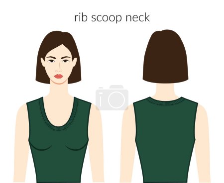 Illustration for Rib scoop neckline clothes knits, sweaters character beautiful lady in emerald top, dress technical fashion illustration with fitted body. Flat apparel template front, back sides. Women, men unisex - Royalty Free Image