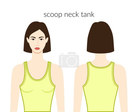 Illustration for Scoop neckline tank clothes character beautiful lady in yellow top, shirt, dress technical fashion illustration with fitted body. Flat apparel template front, back sides. Women, men unisex CAD mockup - Royalty Free Image