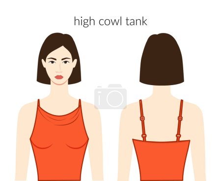 Illustration for High cowl neckline tank clothes character beautiful lady in orange top, shirt, dress technical fashion illustration fitted body. Flat apparel template front, back sides. Women, men unisex CAD mockup - Royalty Free Image