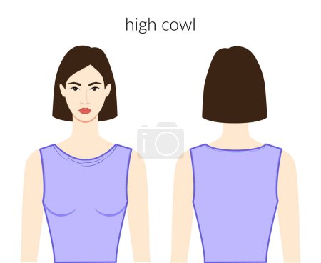 Illustration for High cowl neckline clothes character beautiful lady in lavanda top, shirt, dress technical fashion illustration with fitted body. Flat apparel template front, back sides. Women, men unisex CAD mockup - Royalty Free Image