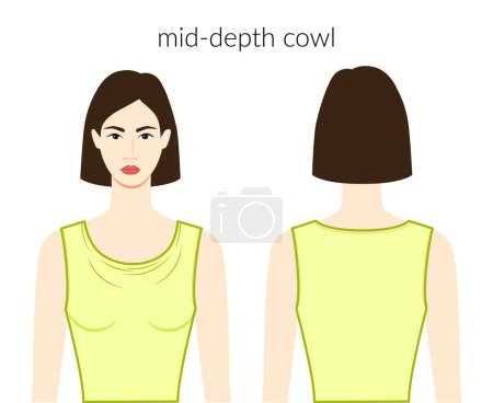 Illustration for Mid - depth cowl neckline clothes character beautiful lady in yellow top, shirt, dress technical fashion illustration fitted body. Flat apparel template front, back sides. Women, men unisex CAD mockup - Royalty Free Image