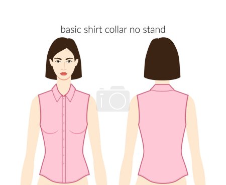 Illustration for Basic shirt collar no stand neckline placket clothes character beautiful lady in pink top, dress technical fashion illustration with fitted body. Flat apparel template. Women, men unisex CAD mockup - Royalty Free Image