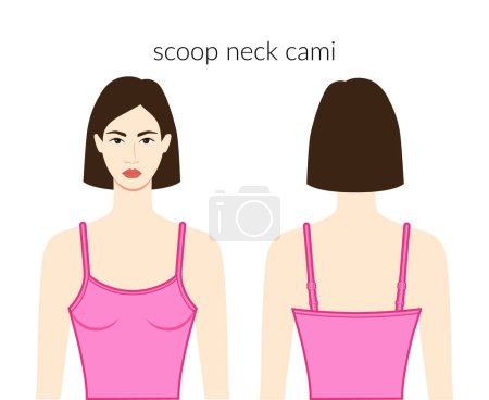 Illustration for Scoop neckline camisole tank clothes character beautiful lady in pink top, shirt, dress technical fashion illustration with fitted body. Flat apparel template front, back sides. Women, men unisex CAD - Royalty Free Image