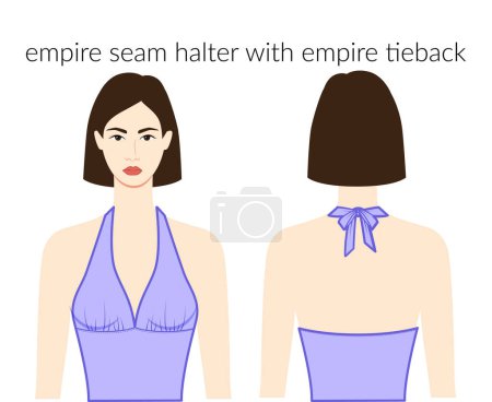 Illustration for Empire seam halter with empire tieback neckline clothes character in lavanda top, shirt, dress technical fashion illustration with fitted body. Flat apparel template. Women, men unisex CAD mockup - Royalty Free Image