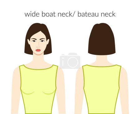 Illustration for Wide boat bateau neckline clothes character beautiful lady in yellow top, shirt, dress technical fashion illustration. Flat apparel template front, back sides. Women, men unisex CAD mockup - Royalty Free Image