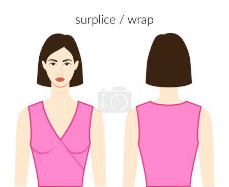 Illustration for Surplice wrap neckline clothes character beautiful lady in pink top, shirt, dress technical fashion illustration with fitted body. Flat apparel template front, back sides. Women, men unisex CAD mockup - Royalty Free Image