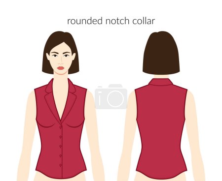 Illustration for Rounded notch collar neckline placket clothes character beautiful lady in burgundy top, shirt, dress technical fashion illustration with fitted body. Flat apparel template front back sides. Women, men - Royalty Free Image