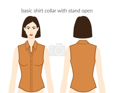 Illustration for Basic shirt collar with stand open neckline, placket clothes character lady in ochre top, dress technical fashion illustration. Flat apparel template front, back sides. Women, men unisex CAD mockup - Royalty Free Image