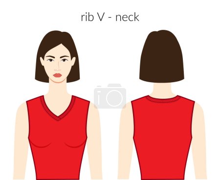 Illustration for Rib V - neckline clothes knits, sweaters character beautiful lady in red top, shirt, dress technical fashion illustration fitted. Flat apparel template front, back sides. Women, men unisex CAD mockup - Royalty Free Image