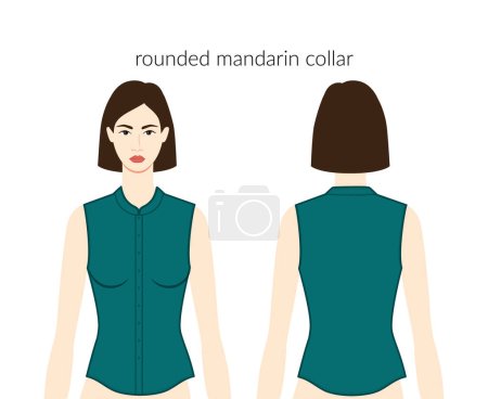 Illustration for Rounded mandarin neckline collars, plackets clothes character in emerald top, shirt technical fashion illustration with fitted body. Flat apparel template front back sides. Women men unisex CAD mockup - Royalty Free Image