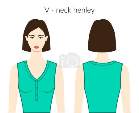 Illustration for V - neckline henley knits, sweaters clothes character beautiful lady in green top, shirt, dress technical fashion illustration with fitted body. Flat apparel template. Women, men unisex CAD mockup - Royalty Free Image