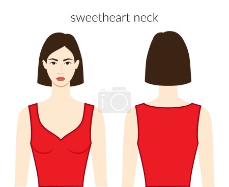 Illustration for Sweetheart neckline clothes character beautiful lady in red top, shirt, dress technical fashion illustration with fitted body. Flat apparel template front, back sides. Women, men unisex CAD mockup - Royalty Free Image