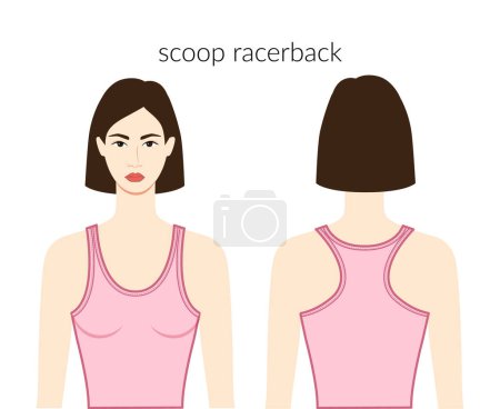 Illustration for Scoop racerback neckline tank clothes character beautiful lady in pink top, shirt, dress technical fashion illustration fitted. Flat apparel template front, back sides. Women, men unisex CAD mockup - Royalty Free Image