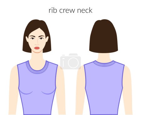 Illustration for Rib crew neckline knits, sweaters clothes character beautiful lady in lavanda top, shirt, dress technical fashion illustration. Flat apparel template front, back sides. Women, men unisex CAD mockup - Royalty Free Image