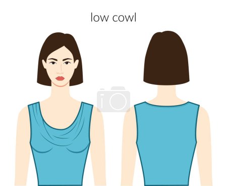 Illustration for Low cowl neckline clothes character beautiful lady in blue top, shirt, dress technical fashion illustration with fitted body. Flat apparel template front, back sides. Women, men unisex CAD mockup - Royalty Free Image