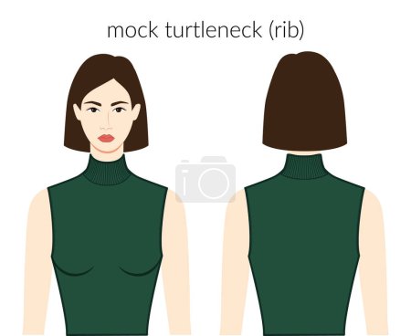 Illustration for Mock turtlenecks rib neckline clothes knits, sweaters character beautiful lady in dark green top, shirt, dress technical fashion illustration with fitted body. Flat apparel template. Women, men unisex - Royalty Free Image