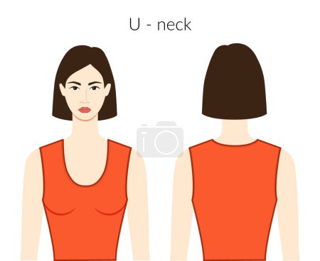 U - Ausschnitt Kleidung Charakter schöne Dame in orangefarbenem Top, Hemd, Kleid technische Mode Illustration mit tailliertem Körper. Flache Bekleidungsschablone vorne, Rückseite. Frauen, Männer Unisex CAD-Attrappe