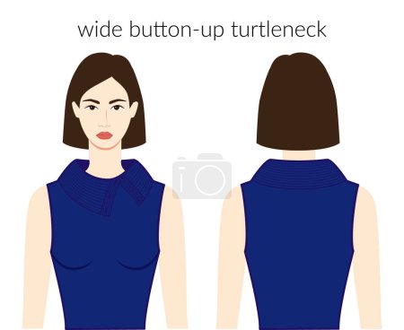 Illustration for Wide button-up turtleneck neckline clothes knits, sweaters character beautiful lady in blue top, shirt, dress technical fashion illustration. Flat apparel template front, back. Women, men CAD mockup - Royalty Free Image
