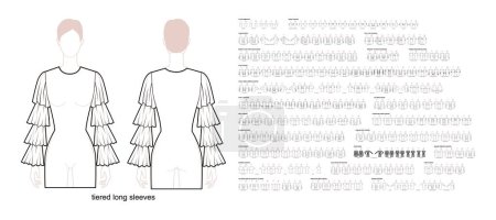 Illustration for Set of sleeves - long, short, puff, knit, circle, kimono, rib, off-shoulder tucked, cowl bell, dolman clothes technical fashion illustration. Flat apparel template front, back sides. Women, men CAD - Royalty Free Image