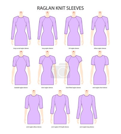 Illustration for Set of Raglan knit sleeves clothes curved semi-raglan, long, 3-4, elbow, baseball, short technical fashion illustration, fitted. Flat apparel template front side. Women, men unisex CAD mockup - Royalty Free Image
