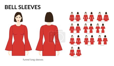 Set of Bell sleeves clothes long, short, 3-4, elbow length funnel technical fashion illustration with fitted body. Flat apparel template front, back sides. Women, men unisex CAD mockup