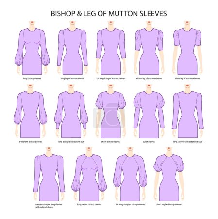 Téléchargez les illustrations : Set of Bishop and Leg of mutton sleeves clothes with cuff, Juliet, extended cups technical fashion illustration with fitted body. Flat apparel template front side. Women, men unisex CAD mockup - en licence libre de droit
