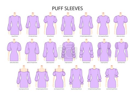Ilustración de Set of Puff sleeves clothes dropped, baloon, virago, Marie, paned, drawstring technical fashion illustration with fitted body. Flat apparel template front sides. Women, men unisex CAD mockup - Imagen libre de derechos