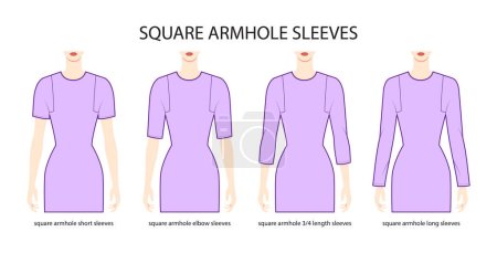 Illustration for Set of Square armhole sleeves clothes - long, short, 3-4, elow length technical fashion illustration with fitted body. Flat apparel template front side. Women, men unisex CAD mockup - Royalty Free Image
