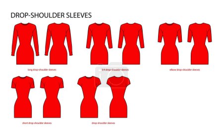 Illustration for Set of Drop-shoulder sleeves clothes - long, short, 3-4, elbow length technical fashion illustration with fitted body. Flat apparel template front, back sides. Women, men unisex CAD mockup - Royalty Free Image