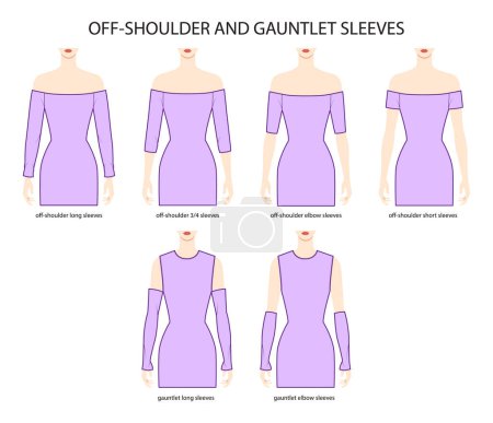 Illustration for Set of Off-shoulder and gauntlet sleeves clothes long, short, elbow, 3-4 length technical fashion illustration with fitted body. Flat apparel template front side. Women, men unisex CAD mockup - Royalty Free Image