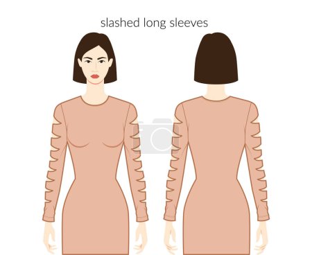 Illustration for Slashed sleeves long length clothes character beautiful lady in nude top, shirt, dress technical fashion illustration, fitted. Flat apparel template front, back sides. Women, men unisex CAD mockup - Royalty Free Image