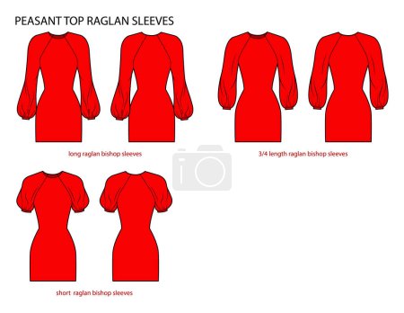 Illustration for Set of Peasant top raglan sleeves bishop style long, 3-4 and short length clothes technical fashion illustration with fitted body. Flat apparel template front, back sides. Women, men unisex CAD mockup - Royalty Free Image
