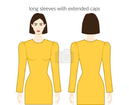 Illustration for Extended cups sleeves long length clothes character beautiful lady in yellow top, shirt, dress technical fashion illustration. Flat apparel template front, back sides. Women, men unisex CAD mockup - Royalty Free Image