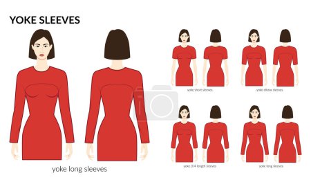 Illustration for Set of Yoke sleeves clothes - long, short, 3-4, elbow length technical fashion illustration with fitted body. Flat apparel template front, back sides. Women, men unisex CAD mockup - Royalty Free Image