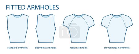 Illustration for Set of Fitted armhole short length standard, sleeveless, curved raglan sleeves clothes technical fashion illustration with fitted body. Flat apparel template front side. Women, men unisex CAD mockup - Royalty Free Image