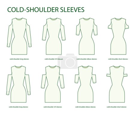 Set of Cold-shoulder sleeves clothes long, 3-4, elbow, short length technical fashion illustration with fitted body. Flat apparel template front side. Women, men unisex CAD mockup