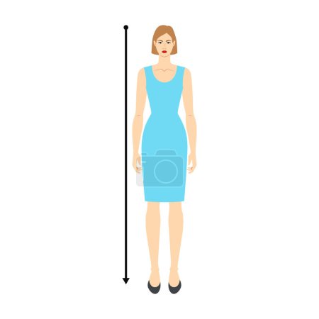 Ilustración de Mujeres para hacer cuerpo de medición de altura con flechas moda Ilustración para tabla de tallas. Personaje femenino plano frente a niña de tamaño 8 cabezas en vestido azul. Plantilla de infografía de dama humana para ropa - Imagen libre de derechos