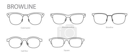 Ilustración de Conjunto de gafas de montura Browline ilustración accesorio de moda. Vista frontal de gafas de sol para hombres, mujeres, estilo silueta unisex, gafas de gafas de borde plano con contorno de estilo boceto de lente aislado - Imagen libre de derechos