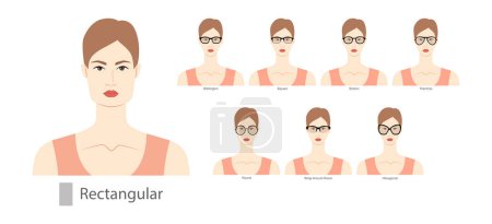Illustration for Set of types of glasses for Women rectangular type faces fashion accessory illustration. Sunglass front view unisex silhouette style, flat rim spectacles eyeglasses, lens sketch style outline isolated - Royalty Free Image