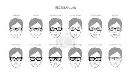 Illustration for Set of Rectangular frame glasses on women face character fashion accessory illustration. Sunglass front view unisex silhouette style, flat rim spectacles eyeglasses with sketch style outline isolated - Royalty Free Image